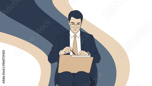 Man in Suit Writing on Clipboard with Stylized Background