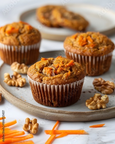 Delicious Carrot Muffins with Walnuts on Wooden Plate
