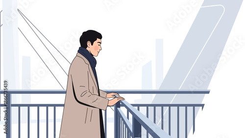 Man in Trench Coat and Scarf Looking Out From Bridge Overlooking City Skyline
