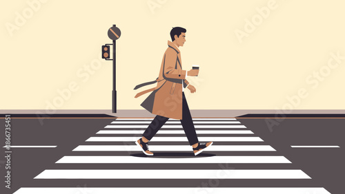Man in Trench Coat Crossing Pedestrian Walkway with Coffee Cup