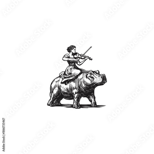 Vintage hand-drawn engraving of an elegant woman playing the violin while sitting on the back of a large hippopotamus in the water.
