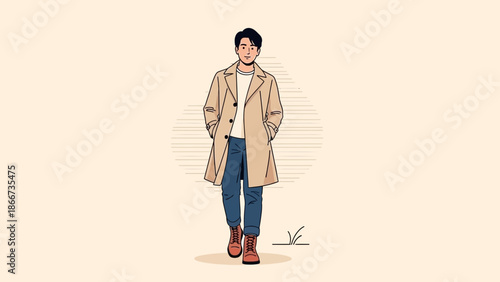 Man in Trench Coat Walking, Casual Style, Modern Illustration