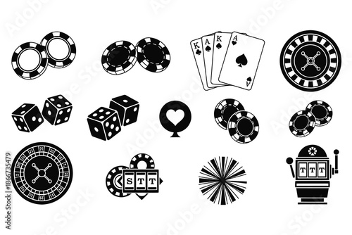 casino icons including poker chips dice cards and slot machines in black and white