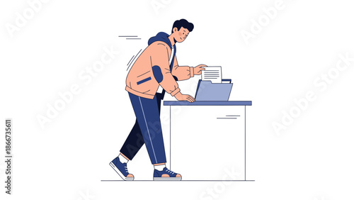 Man Organizing Documents in Folder on Desk, Flat Illustration