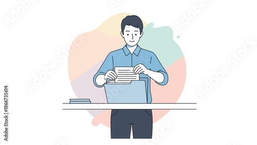 Man Organizing Documents in Folder, Business Workflow, Flat Design
