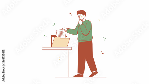 Man organizing documents in folder, thoughtful pose, office desk, business concept illustration