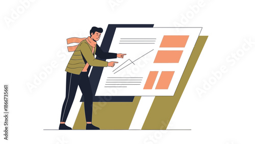 Man pointing at presentation board with charts and data, business concept