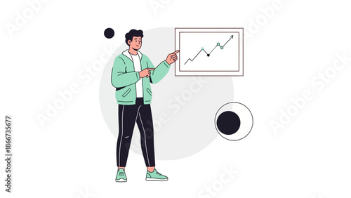 Man pointing at rising graph on whiteboard, business growth concept illustration