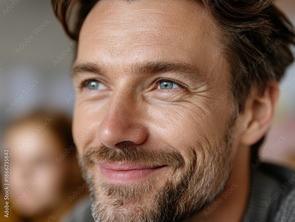 Fototapeta premium A smiling man with light blue eyes and brown hair, featuring fine facial detailing and wrinkles, looks into the distance. The background is softly blurred with warm tones