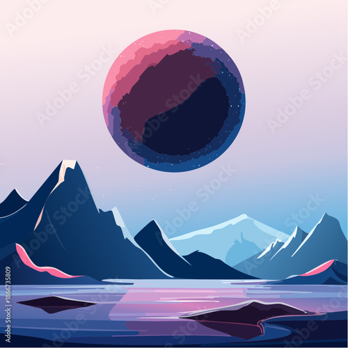 Stunning alien planet landscape, a vibrant celestial body rises over majestic mountains and tranquil waters, perfect for imaginative designs and futuristic themes