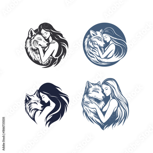 Collection of vintage hand-drawn engravings featuring a beautiful woman embracing a majestic wolf in a circular composition.