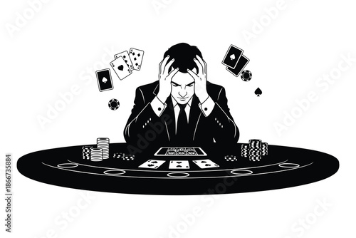 man in suit sitting at poker table with cards and chips  feeling stressed or anxious about his game