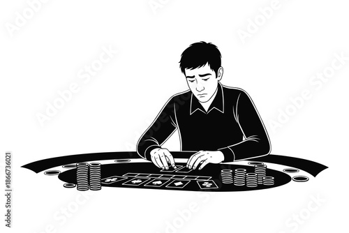 Man playing poker with cards and chips on a table in a casino game setting one hand