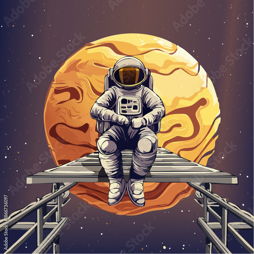 Introspective astronaut contemplates the universe, seated on a platform with a giant planet behind, a symbolic exploration of space and self discovery
