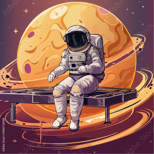Thoughtful astronaut in space, contemplating the universe while sitting on a bench near a giant planet, showcasing adventure and wonder