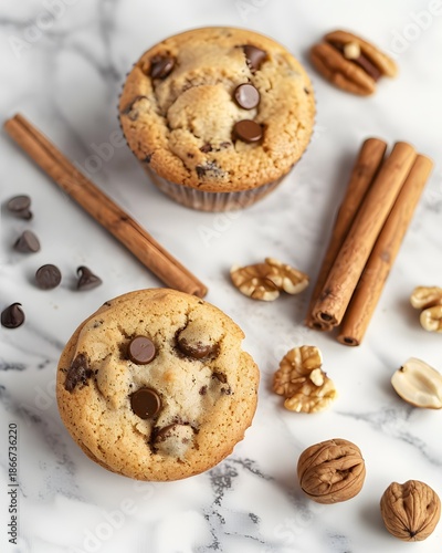 Chocolate Chip Muffins with Cinnamon Sticks and Walnuts on Marble Countertop