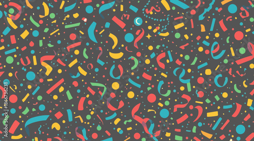 Vector template featuring a vibrant and colorful confetti background with a mix of circular and rectangular shapes in various sizes, scattered randomly