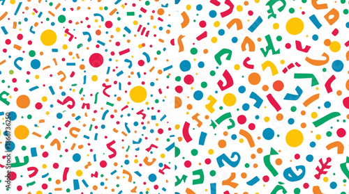 Vector template featuring a vibrant and colorful confetti background with a mix of circular and rectangular shapes in various sizes, scattered randomly