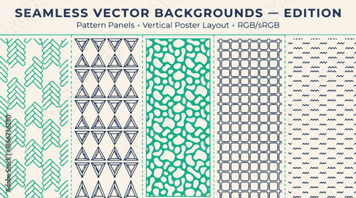Seamless vector patterns in various geometric and abstract designs, presented as vertical panels for backgrounds or poster layouts.