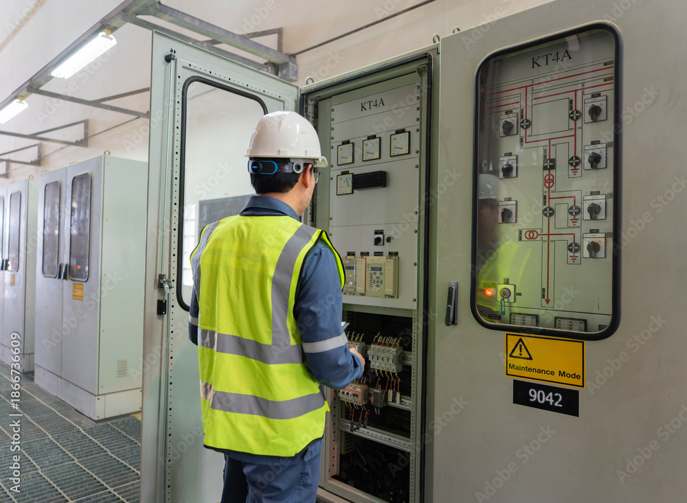 Ταπετσαρία Engineer performing electrical panel inspection in a substation control room, working in maintenance mode to verify wiring, relays, and monitoring systems for safe and reliable power operation