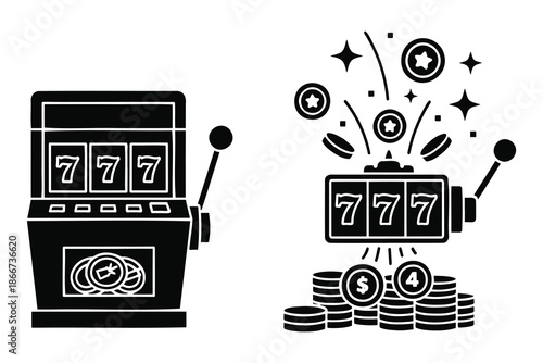 Slot machines with coins and jackpots winning symbols on white background