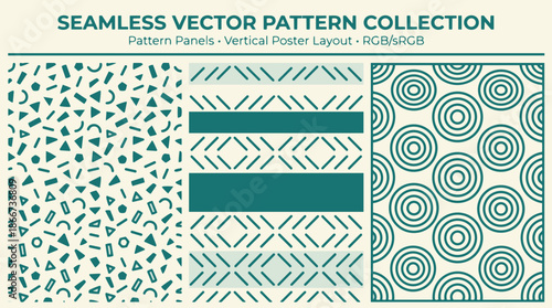 Seamless vector pattern collection featuring three distinct geometric designs: scattered shapes, striped chevrons, and concentric circles in teal and beige.