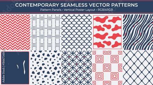Contemporary seamless vector patterns featuring a variety of geometric, abstract, and organic designs in red, blue, and white color schemes.