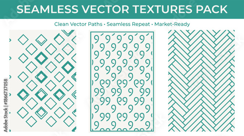 Seamless vector textures pack featuring geometric diamond, number nine, and herringbone patterns in teal.