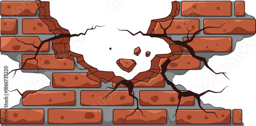 Cracked Brick Wall Illustration Grunge Texture, Hole, Damage, Destruction, and Isolated Design