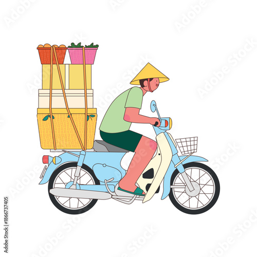 Vietnamese man with a conical hat riding an overloaded motorbike carrying traditional fruit baskets and boxes. Modern flat vector illustration of Southeast Asian street life and trade