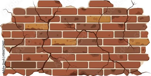 Brick Wall with Cracks A Detailed Illustration of Texture and Decay, Isolated on White
