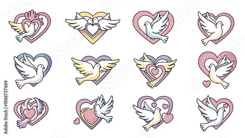 Collection of love icons featuring heart silhouette, dove icon, and romantic symbol in minimalist vector design for various uses including wedding icon, valentine icon, and social media icon