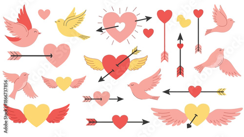 Modern love icon set featuring heart silhouette, dove icon, and romantic symbol in minimalist vector design for wedding and valentine icon use