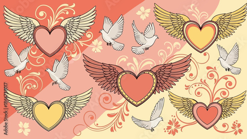 A romantic love illustration featuring heart icons, dove icons, and angel wings in a minimalist flat design vector style