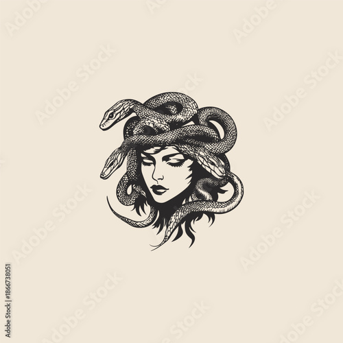 Vintage hand-drawn engraving of the mythological Medusa, featuring a beautiful woman with a head of writhing, detailed snakes.