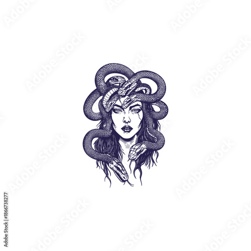 Vintage hand-drawn engraving of the mythological Medusa, featuring a beautiful woman with a head of writhing, detailed snakes.