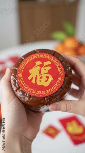 Nian Gao Cake Gently Held in Hand Traditional Chinese New Year Food