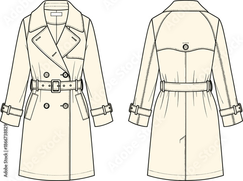 Classic women's beige trench coat technical fashion illustration, front and back view, flat sketch vector template for design tech packs