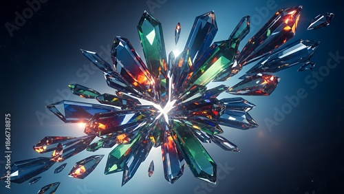 Abstract floating shards in a vibrant, futuristic explosion viewed from a close-up, dynamic perspective