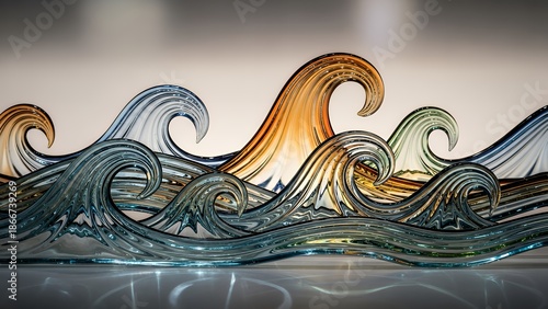 Abstract glass waves flowing in a dynamic, swirling motion on a reflective surface