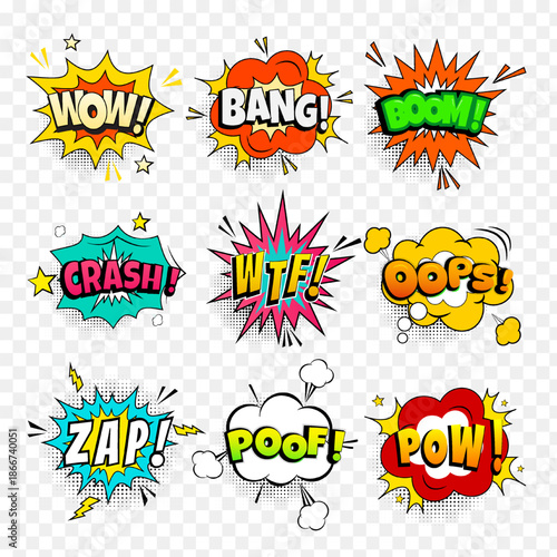 comic pop art explosion speech bubbles set with colorful sound effect words for stickers, posters, and digital design
