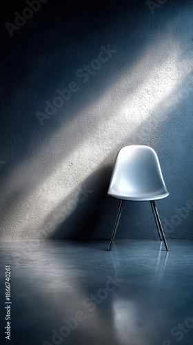 Elegant white chair in dimly lit room minimalist white chair placed in a dark atmospheric room creating a sense of solitude and focus