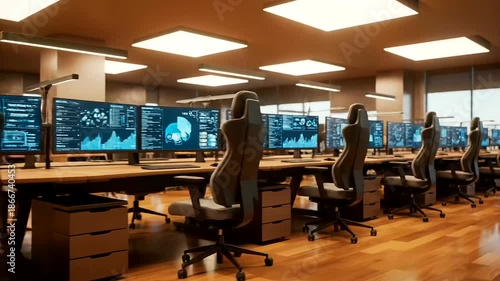 High-tech empty office with multi-monitor workstations and ergonomic workspace design, displaying dynamic data visualizations for an advanced analytical environment.