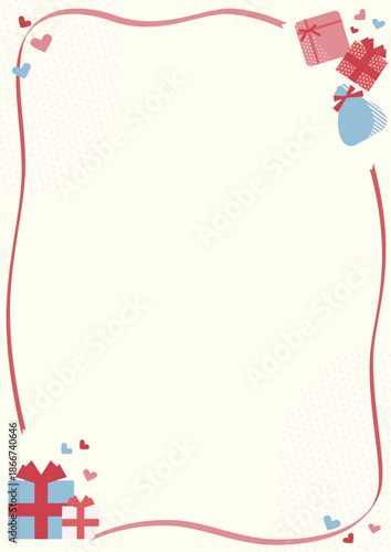 ブルーとピンクのプレゼントとリボンで囲ったフレーム素材　縦