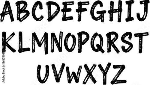 Single layer image with alphabet, each letter written with a brush. Bold style. Uppercase English alphabet in a textured grunge brush style. Vector typeface, transparent background EPS version.