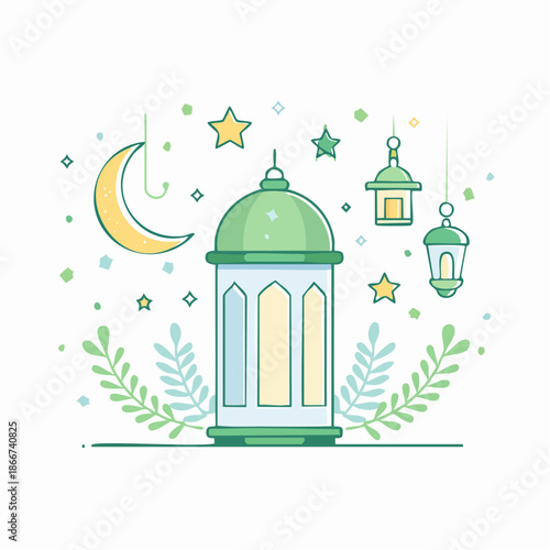 Cute Ramadan Lantern with Crescent Moon Night Sky Illustration