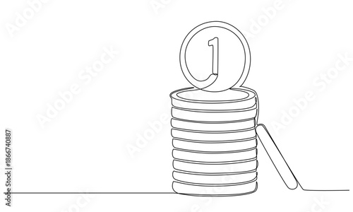 Money coins in one continuous line drawing. Stacks of coins penny cents. Vector illustration eps 10
