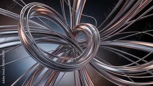 Abstract metallic flowing structure with intertwined curves and reflective surfaces in a dark environment