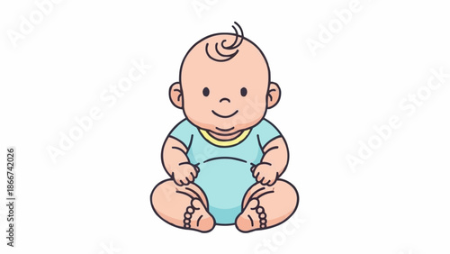 Cute Cartoon Baby Sitting Smiling Wearing Blue Onesie.