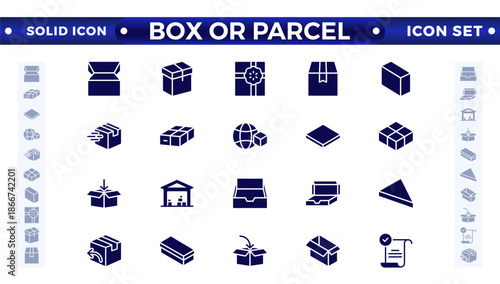 Box or Parcel solid icon vector set. Containing storehouse, stock, package storage, machine, process, cargo truck, courier, step, and productivity, forklift, freight, lorry, moving.

